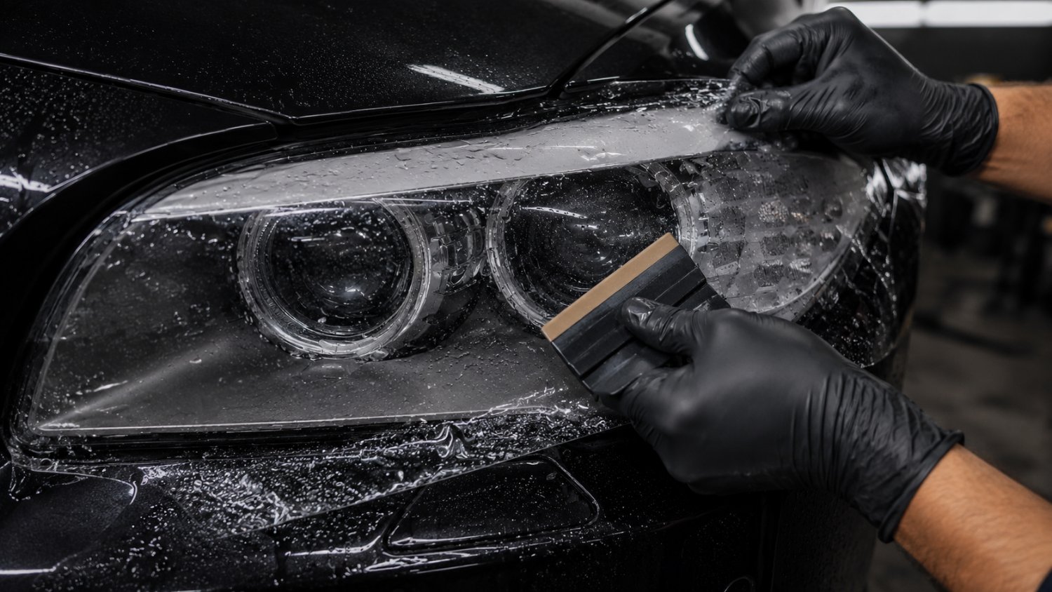 Оклейка бронеплёнки на фару BMW M5 — мокрый монтаж